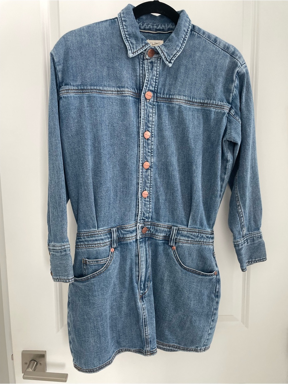 Anthropologie Pilcro Long-Sleeve Denim Micro Mini Shirt Dress Small Petite. 20 - Picture 3 of 10